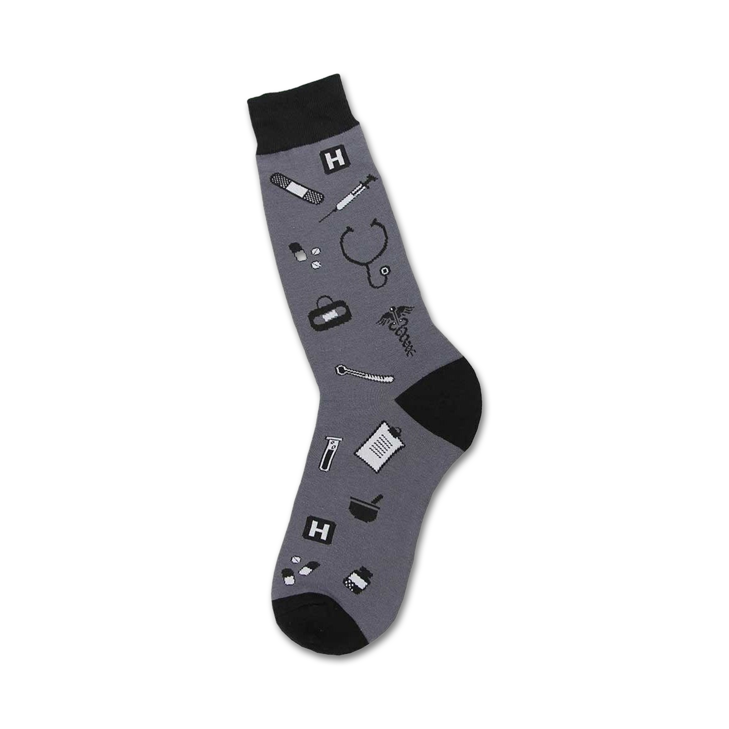 Gray crew socks with black medical icons: stethoscope, pills, bandages, syringe, hospital symbol.  Fun and quirky design!