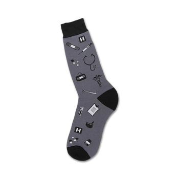 dark gray socks with fun pattern of medical symbols. perfect for medical professionals or fans of all things scrubs. great for men. crew length.  