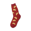 Red crew socks with a fun taco design.  The tacos are illustrated in yellow and green on a striped background.