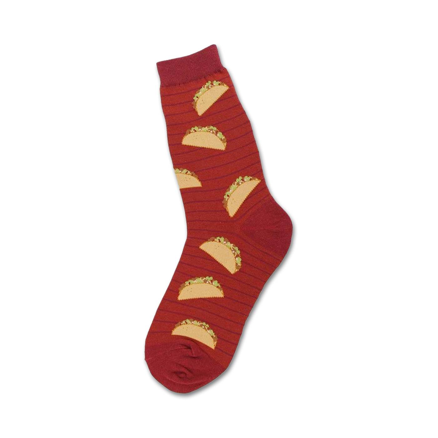 Red crew socks with a fun taco design.  The tacos are illustrated in yellow and green on a striped background.