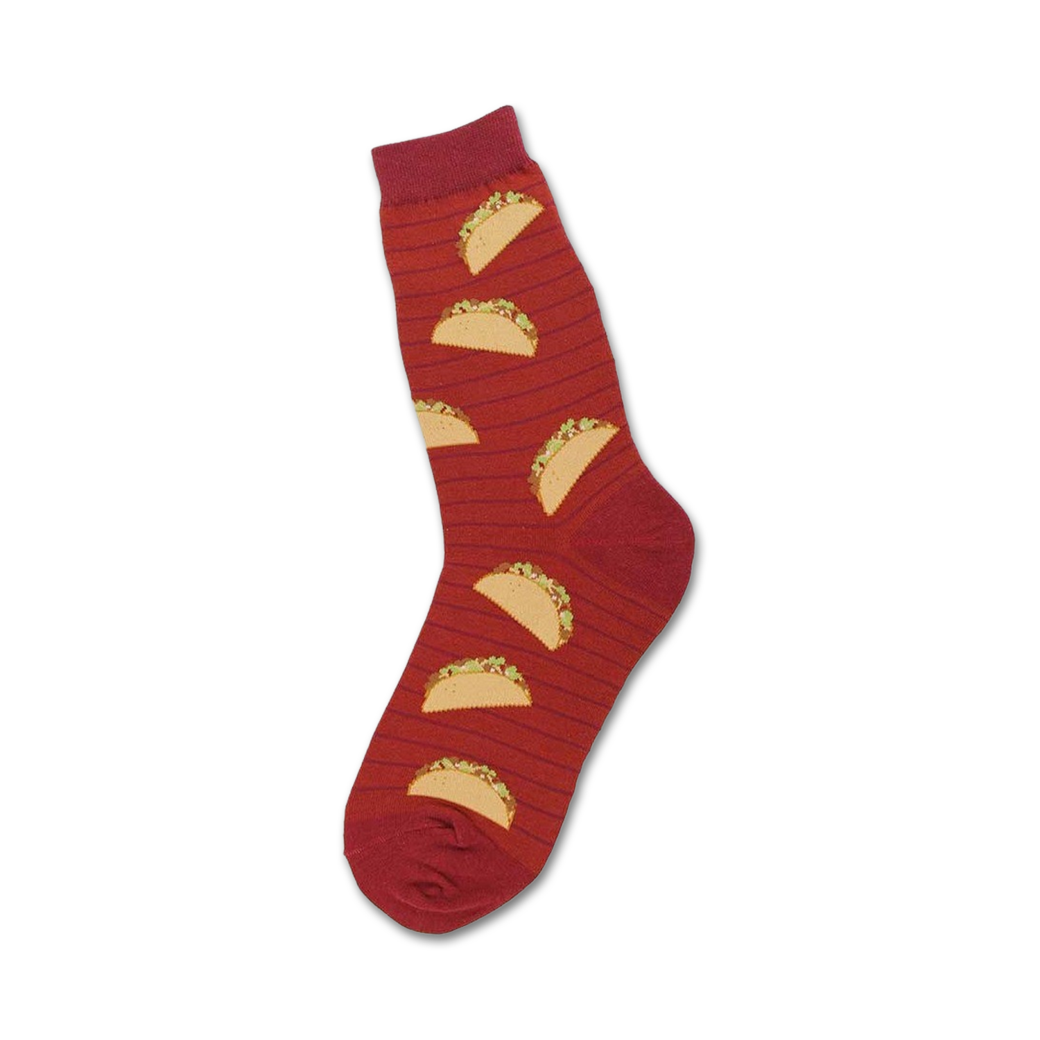 Red crew socks with a fun taco design.  The tacos are illustrated in yellow and green on a striped background.
