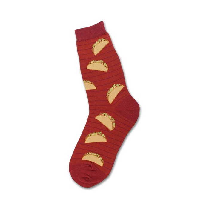 red crew socks with taco pattern in lettuce and tomato design for women.   }}