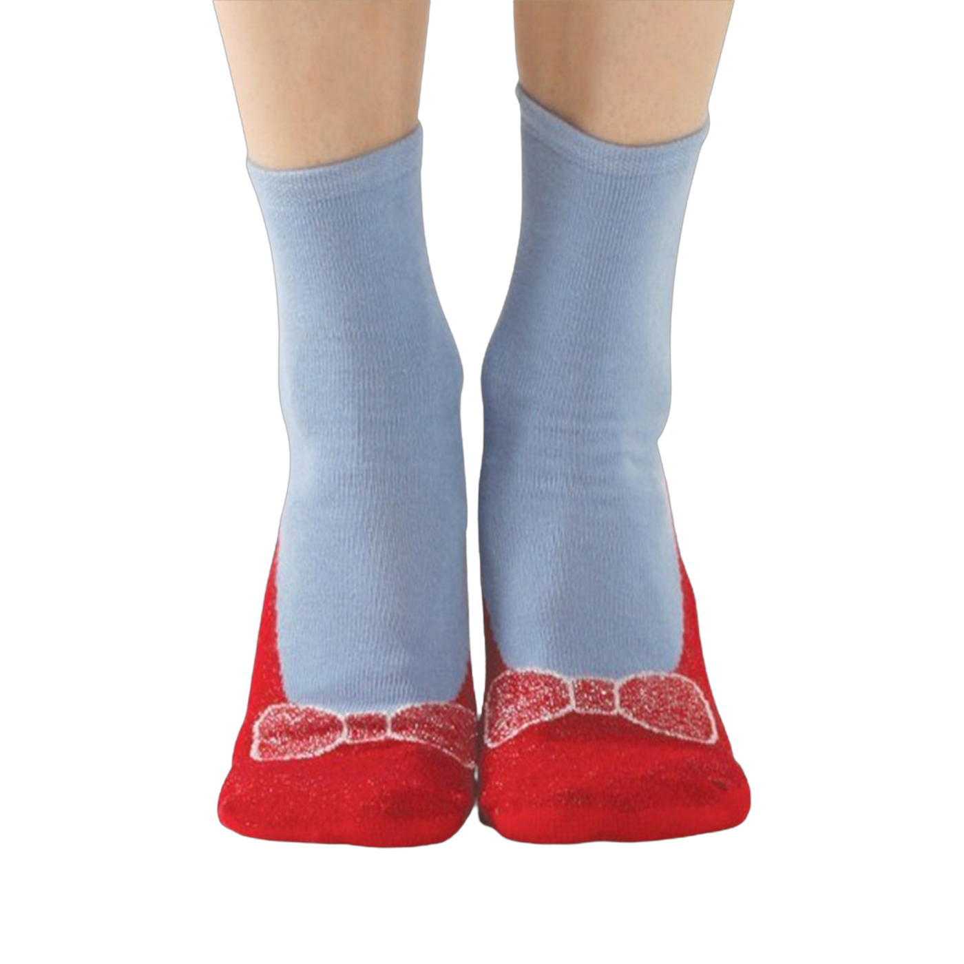 A lifestyle shot of a person wearing the red and light blue non-skid slipper socks.