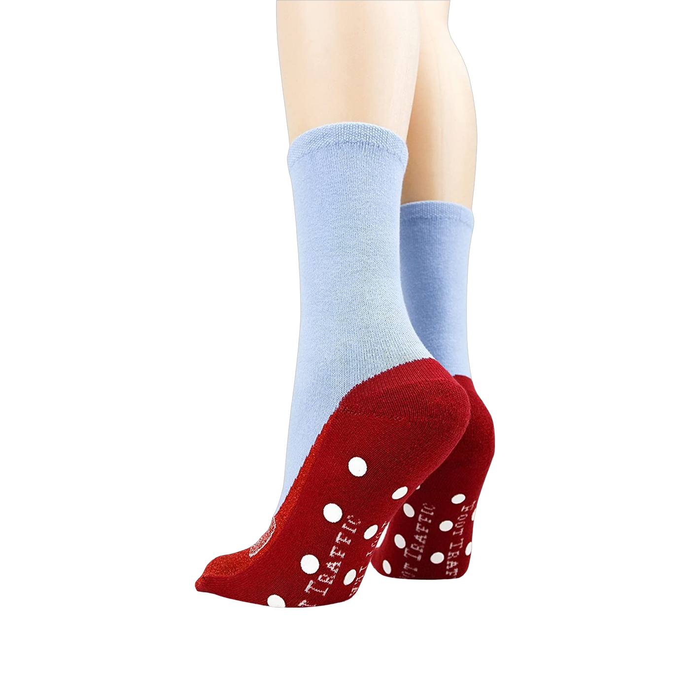 Flatlay showcasing both socks, highlighting the red slipper design and non-skid dots on the bottom.
