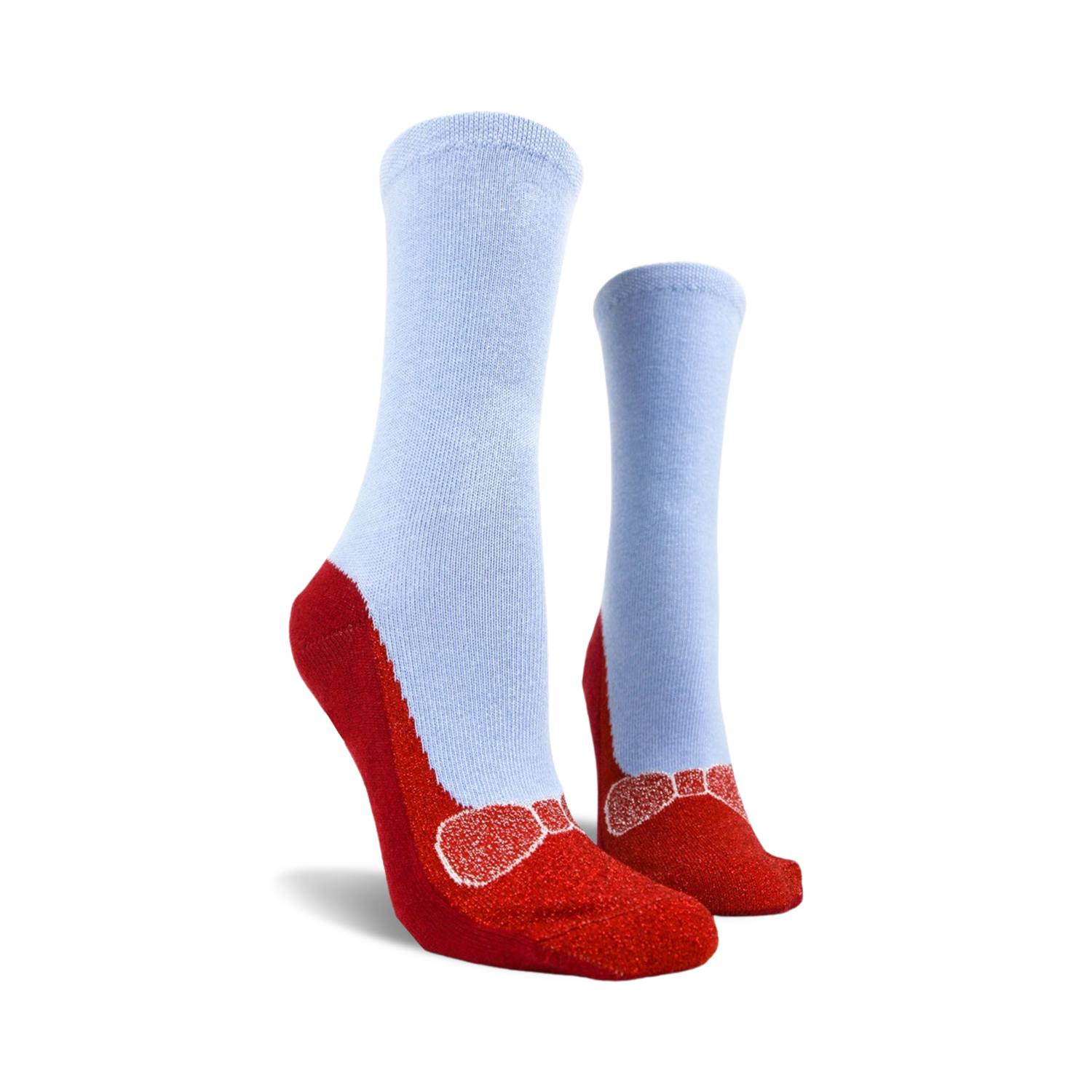 Pair of red and light blue non-skid slipper socks.  The bottom features red slipper design with a bow and non-skid grips.