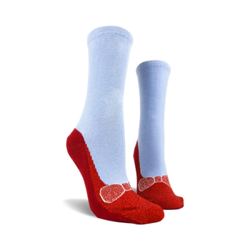 womens red non-skid slipper crew socks, red bow, white polka dots on blue background.  