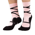 Light pink crew socks featuring a printed black ballet slipper design with faux stitching and criss-cross ankle ribbons.