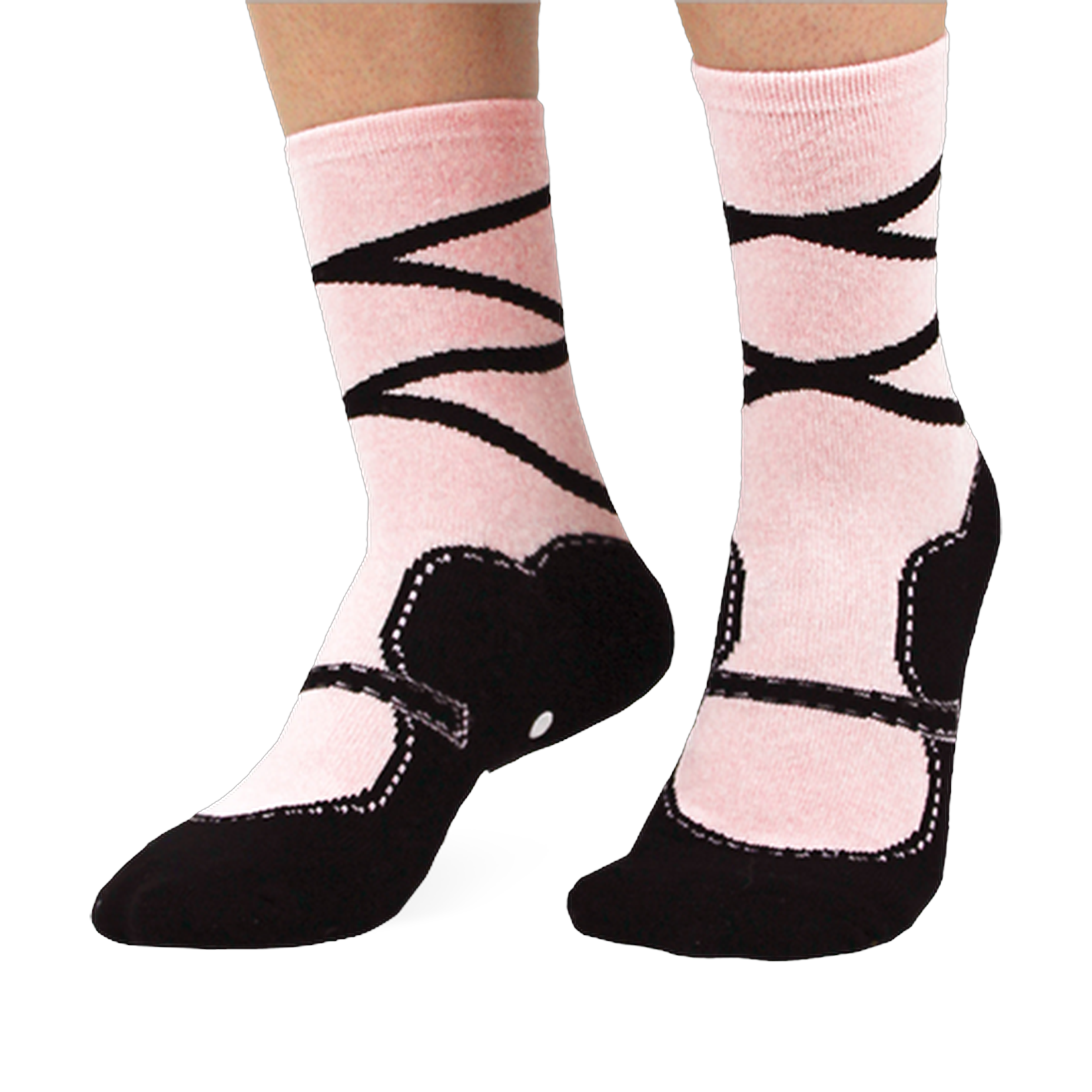 Light pink crew socks featuring a printed black ballet slipper design with faux stitching and criss-cross ankle ribbons.