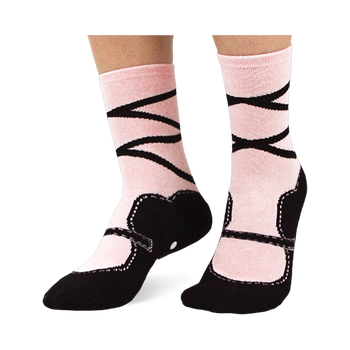 Light pink crew socks featuring a printed black ballet slipper design with faux stitching and criss-cross ankle ribbons.