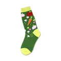 Green crew socks with a fun veggie garden design. Features carrots, tomatoes, onions, and mushrooms in bright colors.