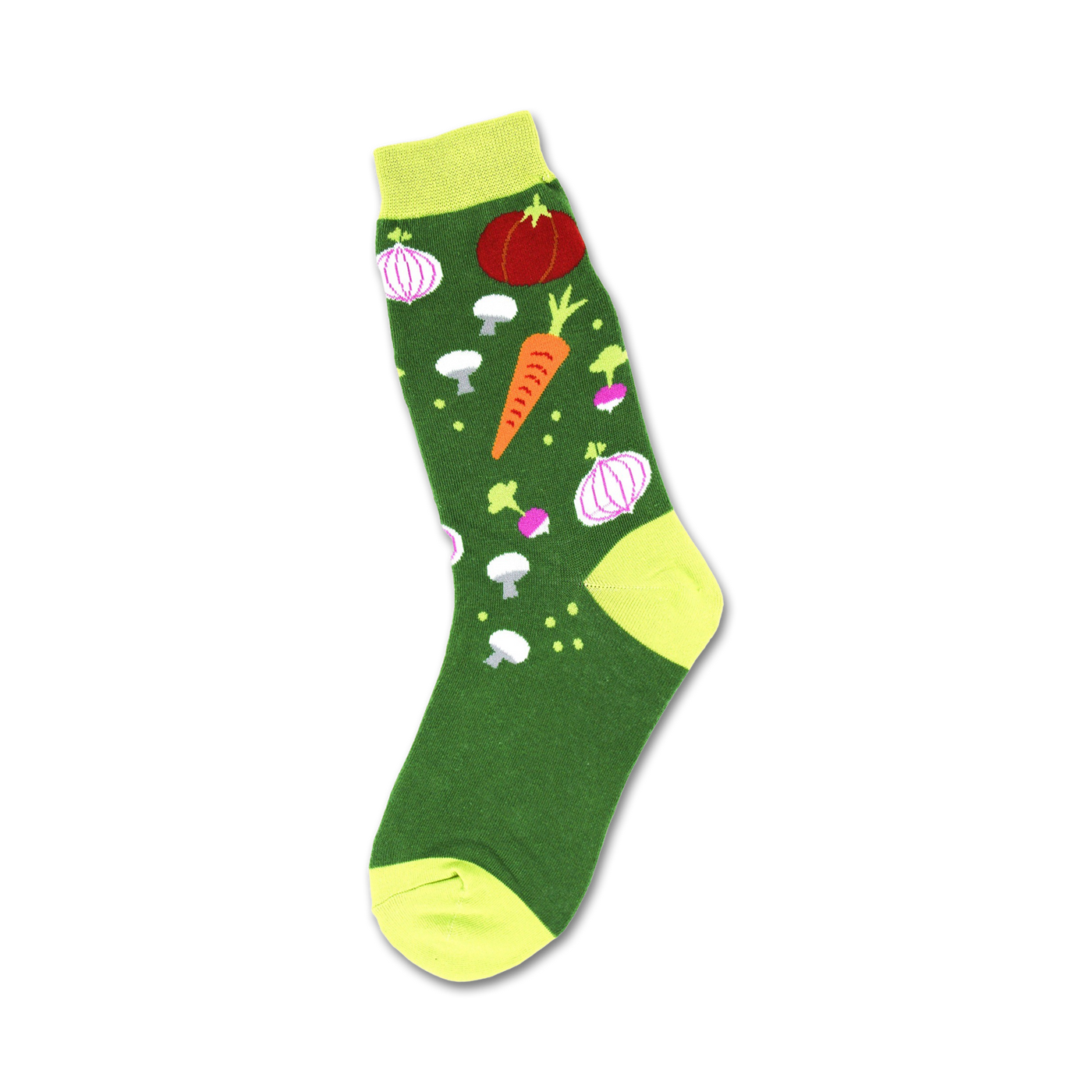 Green crew socks with a fun veggie garden design. Features carrots, tomatoes, onions, and mushrooms in bright colors.