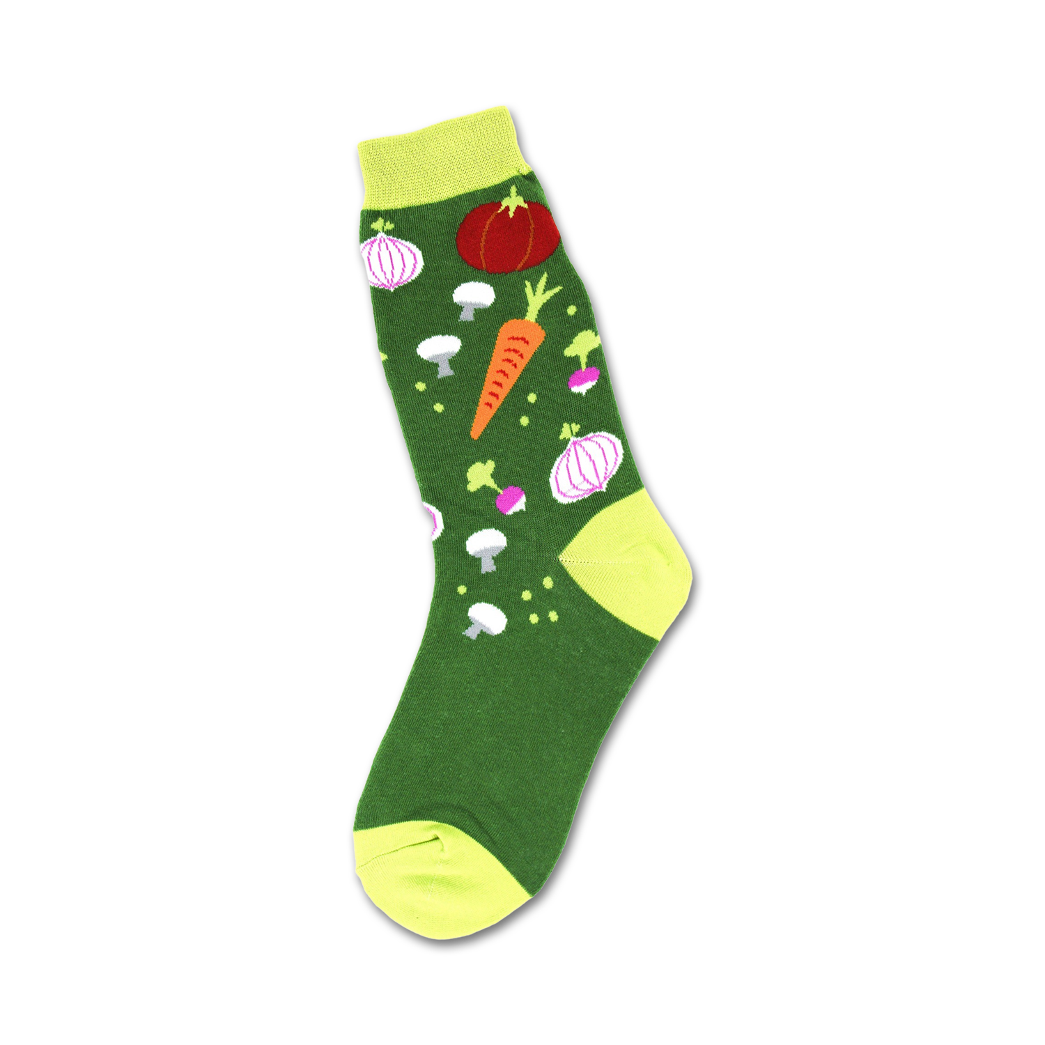Green crew socks with a fun veggie garden design. Features carrots, tomatoes, onions, and mushrooms in bright colors.