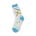 Crew socks in white with light blue accents. The design includes pencils, paperclips, and the phrase 'A+ teacher'.