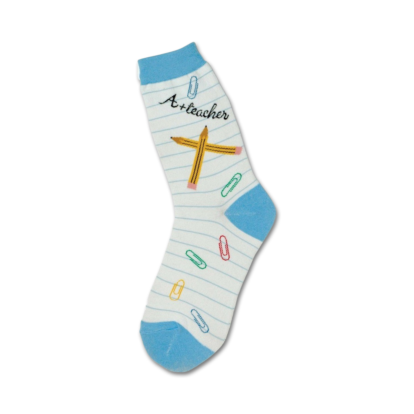 Crew socks in white with light blue accents. The design includes pencils, paperclips, and the phrase 'A+ teacher'.