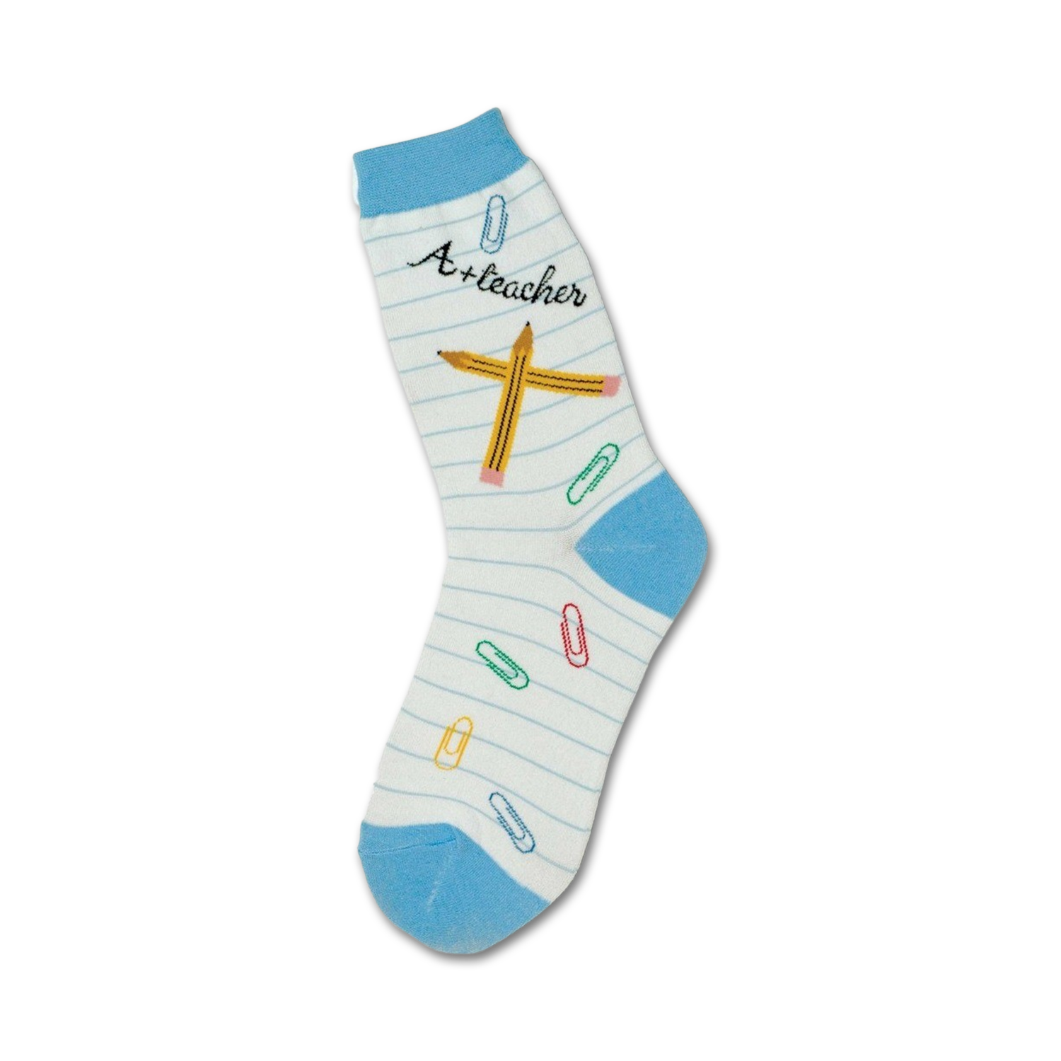 Crew socks in white with light blue accents. The design includes pencils, paperclips, and the phrase 'A+ teacher'.