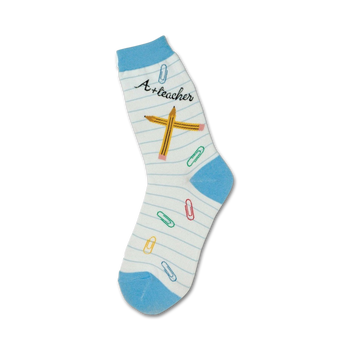 crew length novelty women's socks decorated with back to school themed patterns: pencils, paper clips, notebook paper.   