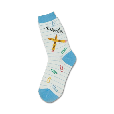 crew length novelty women's socks decorated with back to school themed patterns: pencils, paper clips, notebook paper.   