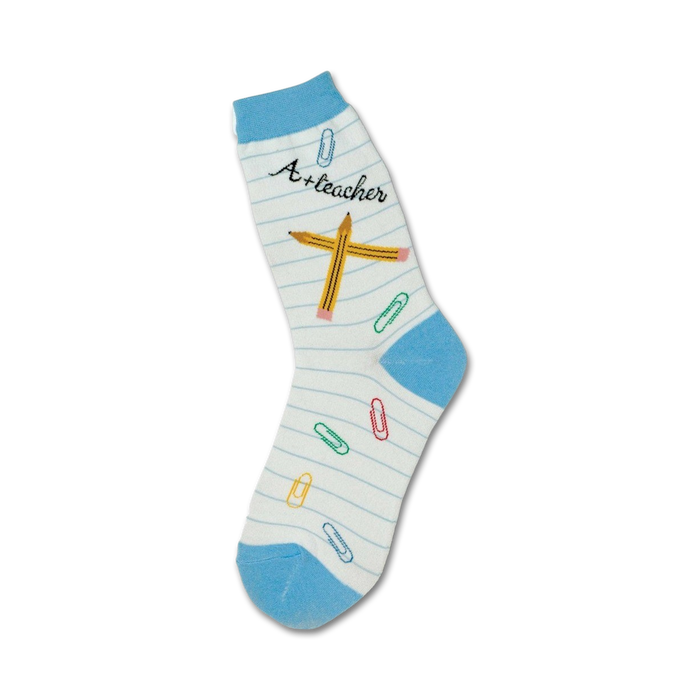 crew length novelty women's socks decorated with back to school themed patterns: pencils, paper clips, notebook paper.    }}