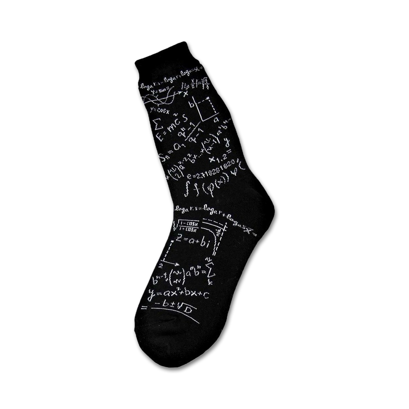 Black crew socks with white mathematical equations, formulas, and symbols printed all over.