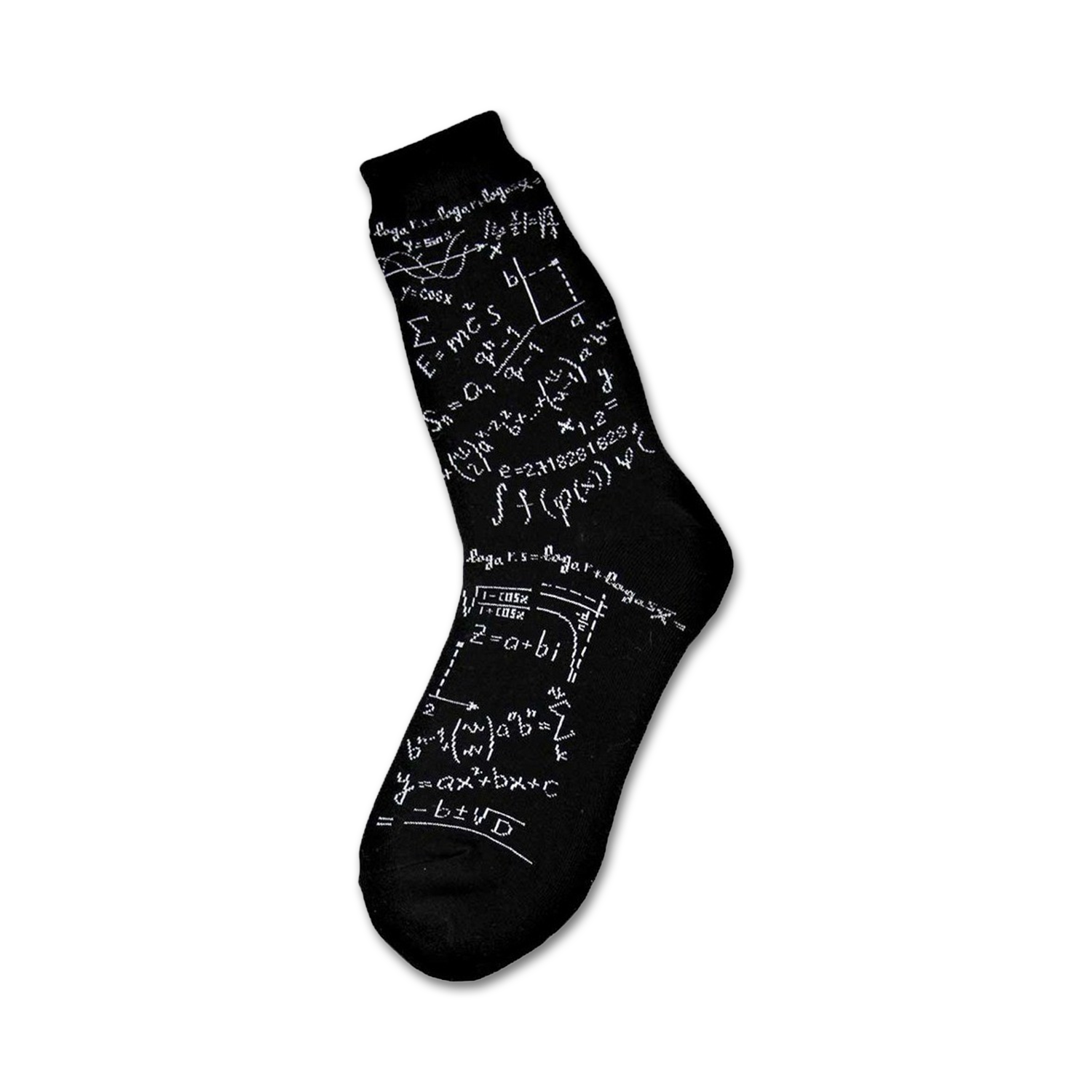 Black crew socks with white mathematical equations, formulas, and symbols printed all over.