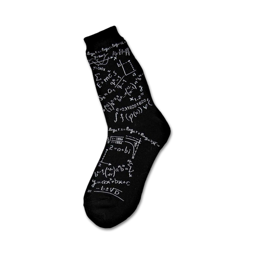 Black crew socks with white mathematical equations, formulas, and symbols printed all over.