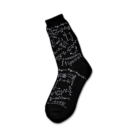 black crew socks with white mathematical equations and symbols for men, perfect for showing off your geeky style.   