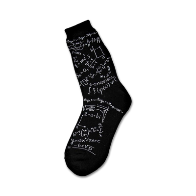 black crew socks with white mathematical equations and symbols for men, perfect for showing off your geeky style.   