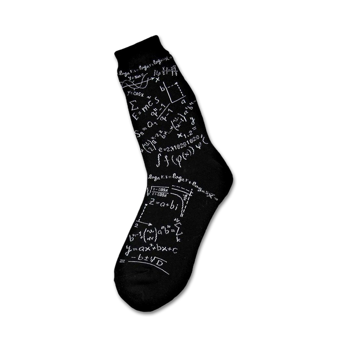 black crew socks with white mathematical equations and symbols for men, perfect for showing off your geeky style.    }}