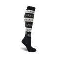 Black knee-high socks with horizontal stripes of musical notes in gray and white.  A stylish and comfortable accessory for music lovers.