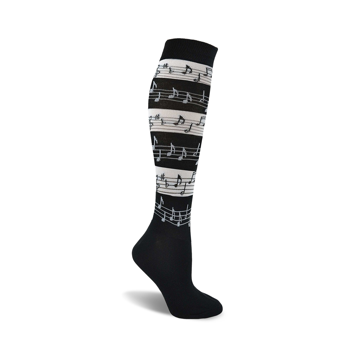 Black knee-high socks with horizontal stripes of musical notes in gray and white.  A stylish and comfortable accessory for music lovers.