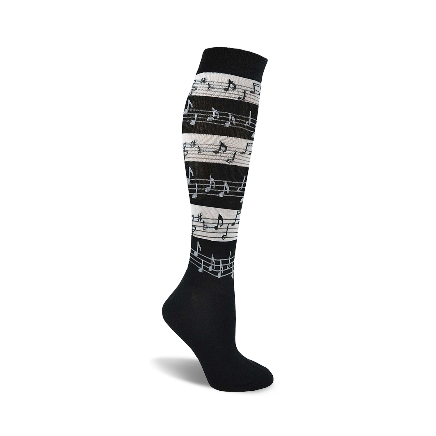 Black knee-high socks with horizontal stripes of musical notes in gray and white.  A stylish and comfortable accessory for music lovers.