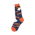 Crew socks in navy blue and orange, featuring a bacon and eggs design. The words 'yum' are scattered among the pattern.