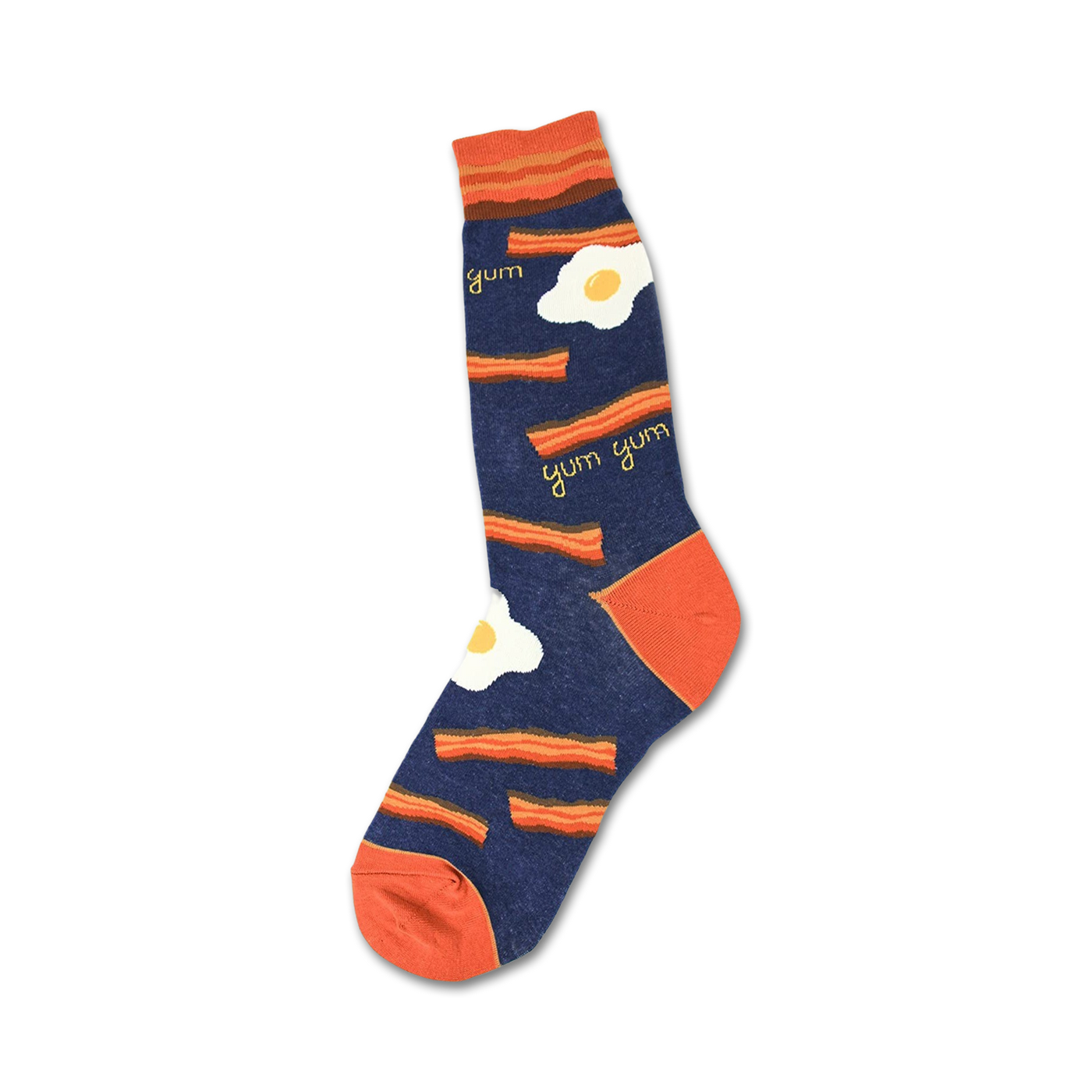 Crew socks in navy blue and orange, featuring a bacon and eggs design. The words 'yum' are scattered among the pattern.