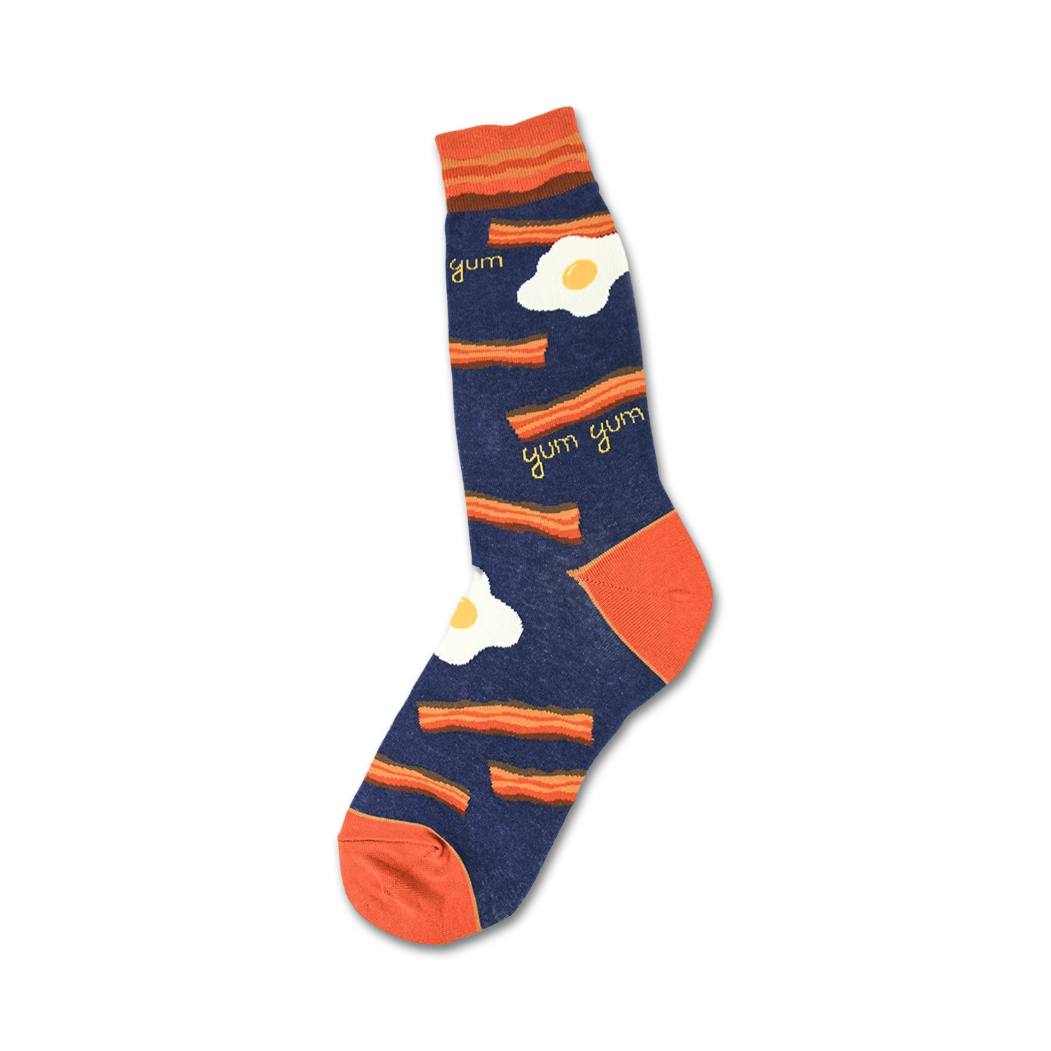 Crew socks in navy blue and orange, featuring a bacon and eggs design. The words 'yum' are scattered among the pattern.