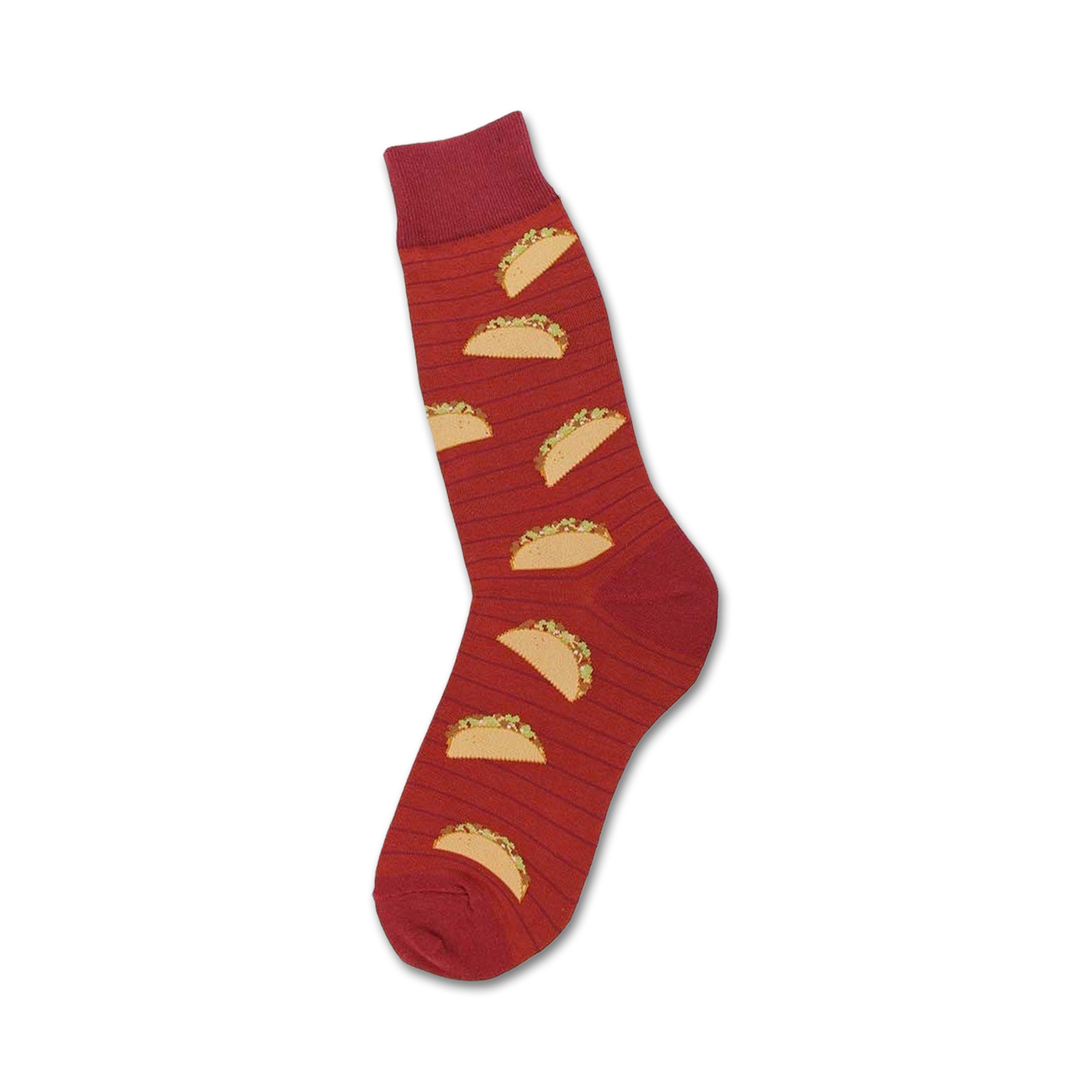 Red crew socks with a pattern of illustrated tacos.  A fun, casual style.