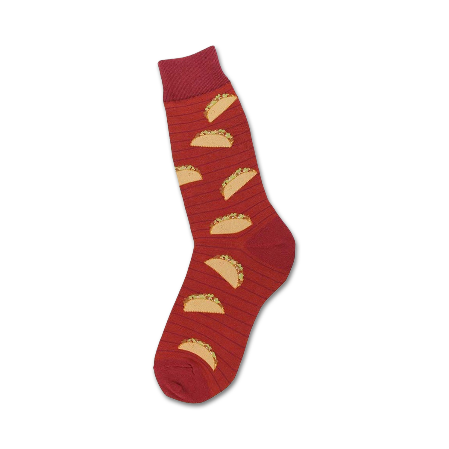Red crew socks with a pattern of illustrated tacos.  A fun, casual style.