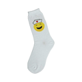 White crew socks with a yellow smiley face wearing a nurse's cap with a red heart.  A fun, simple design.