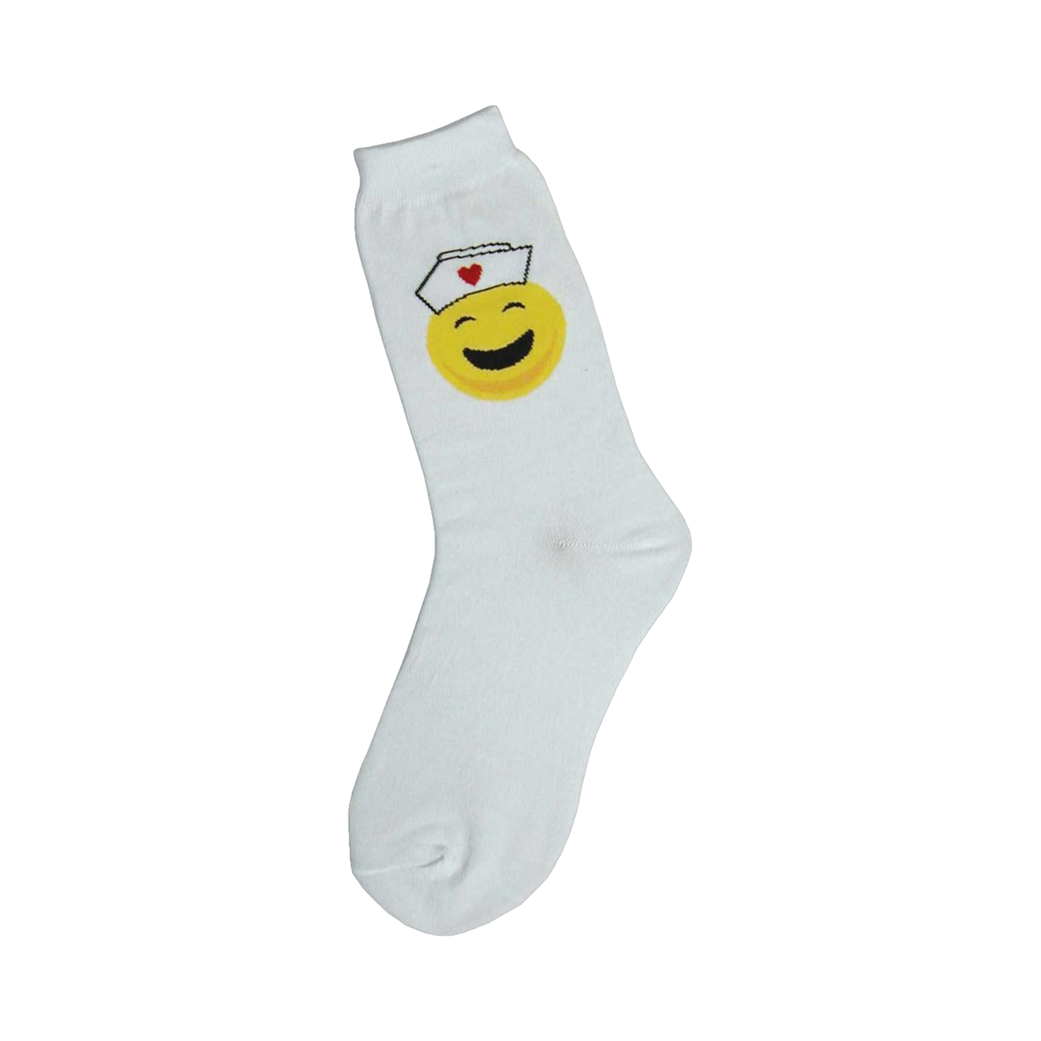 White crew socks with a yellow smiley face wearing a nurse's cap with a red heart.  A fun, simple design.