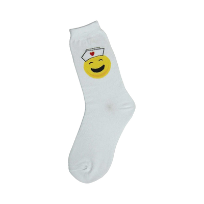 White crew socks with a yellow smiley face wearing a nurse's cap with a red heart.  A fun, simple design.