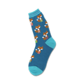 Teal crew socks with a repeating pattern of illustrated foxes wearing colorful striped socks and boots.