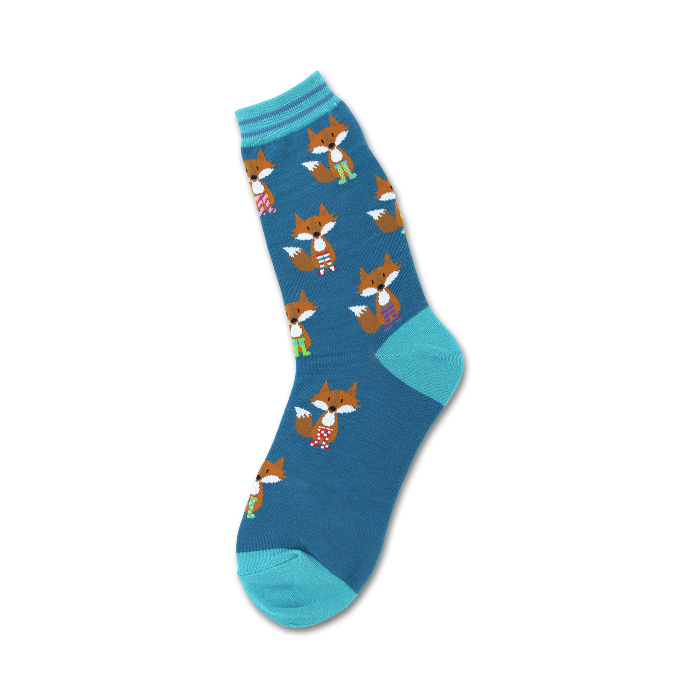 Teal crew socks with a repeating pattern of illustrated foxes wearing colorful striped socks and boots.