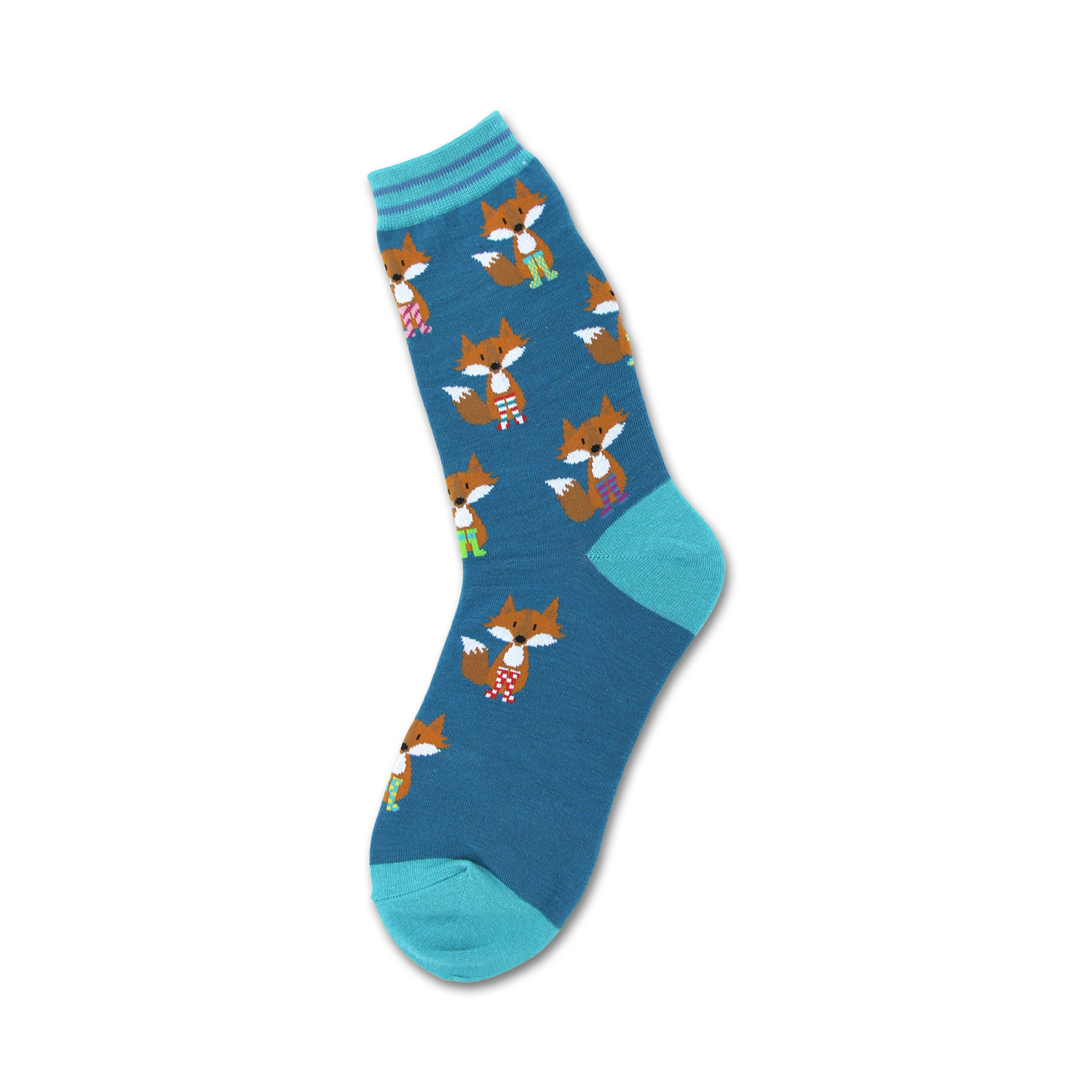 Teal crew socks with a repeating pattern of illustrated foxes wearing colorful striped socks and boots.