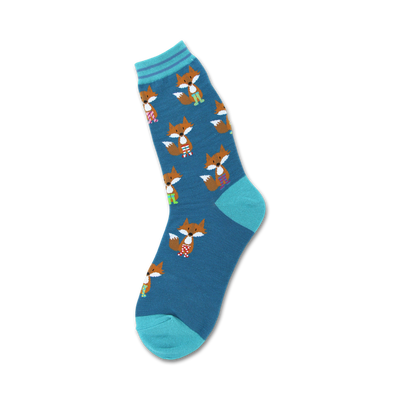 women's blue crew socks with mismatched cartoon fox pattern  