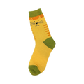 Crew socks in yellow with orange stripes and a cute kitty face at the top. Green accents on the toe and cuff.