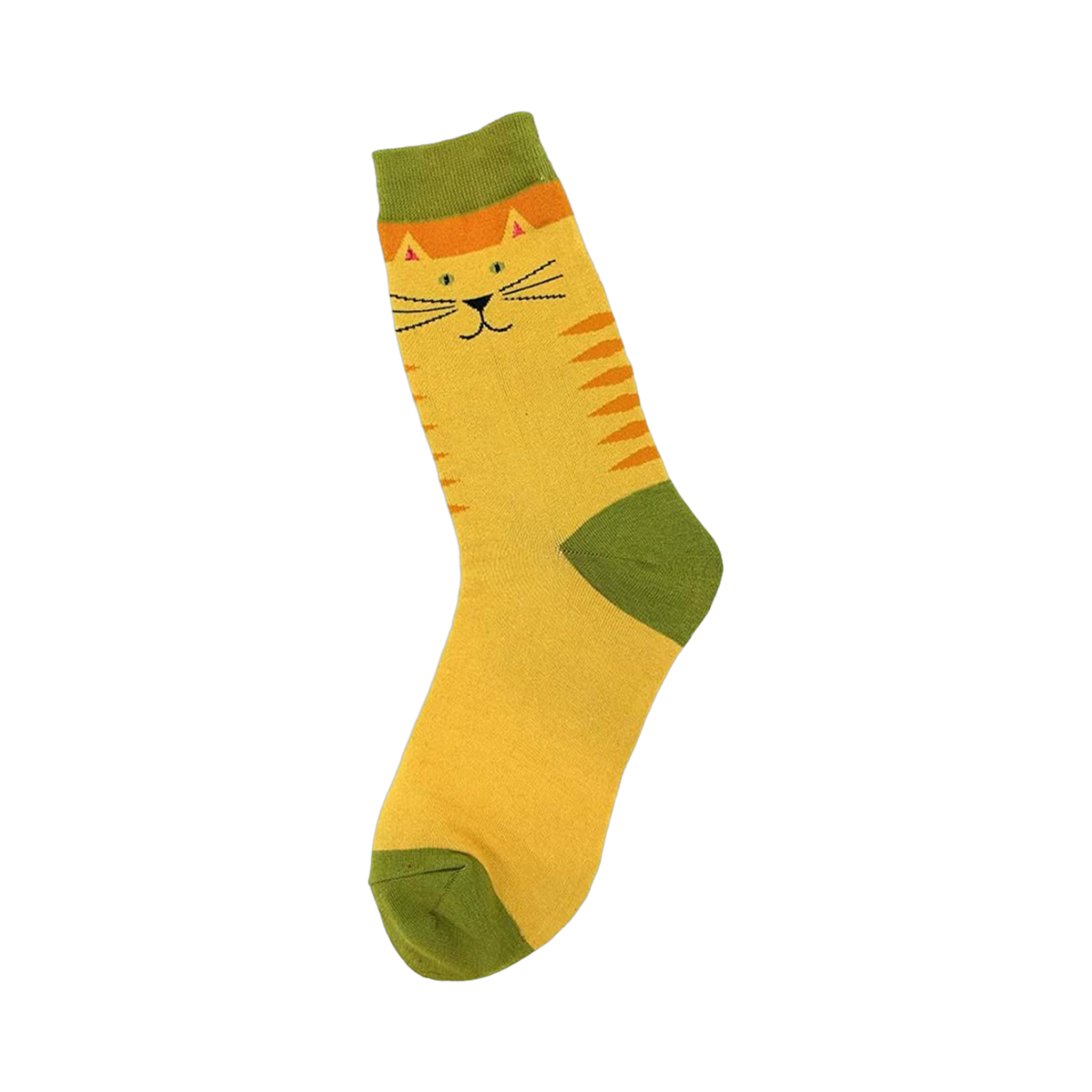 Crew socks in yellow with orange stripes and a cute kitty face at the top. Green accents on the toe and cuff.