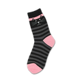 Crew socks in black and pink stripes. A cute black cat face is embroidered on the top.
