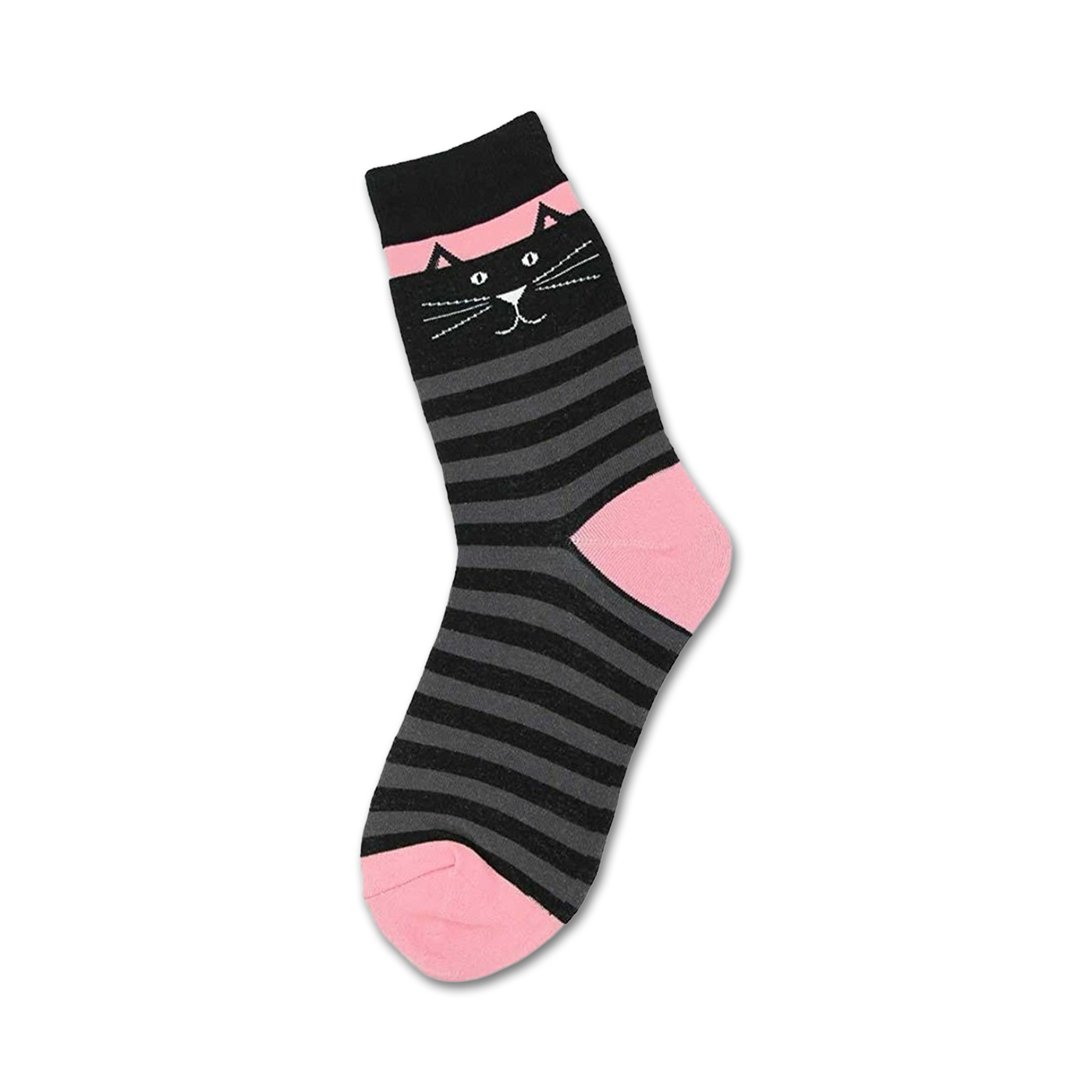 Crew socks in black and pink stripes. A cute black cat face is embroidered on the top.