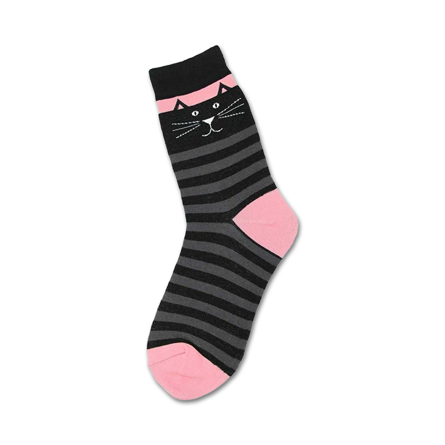 Crew socks in black and pink stripes. A cute black cat face is embroidered on the top.