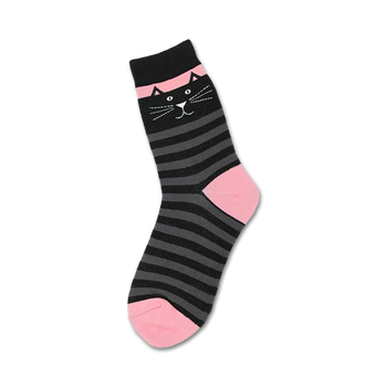 black cat face socks with gray striped accents, pink toes and heel, made for women.  