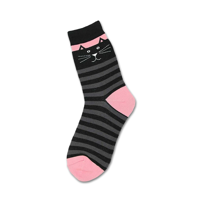 black cat face socks with gray striped accents, pink toes and heel, made for women.   }}